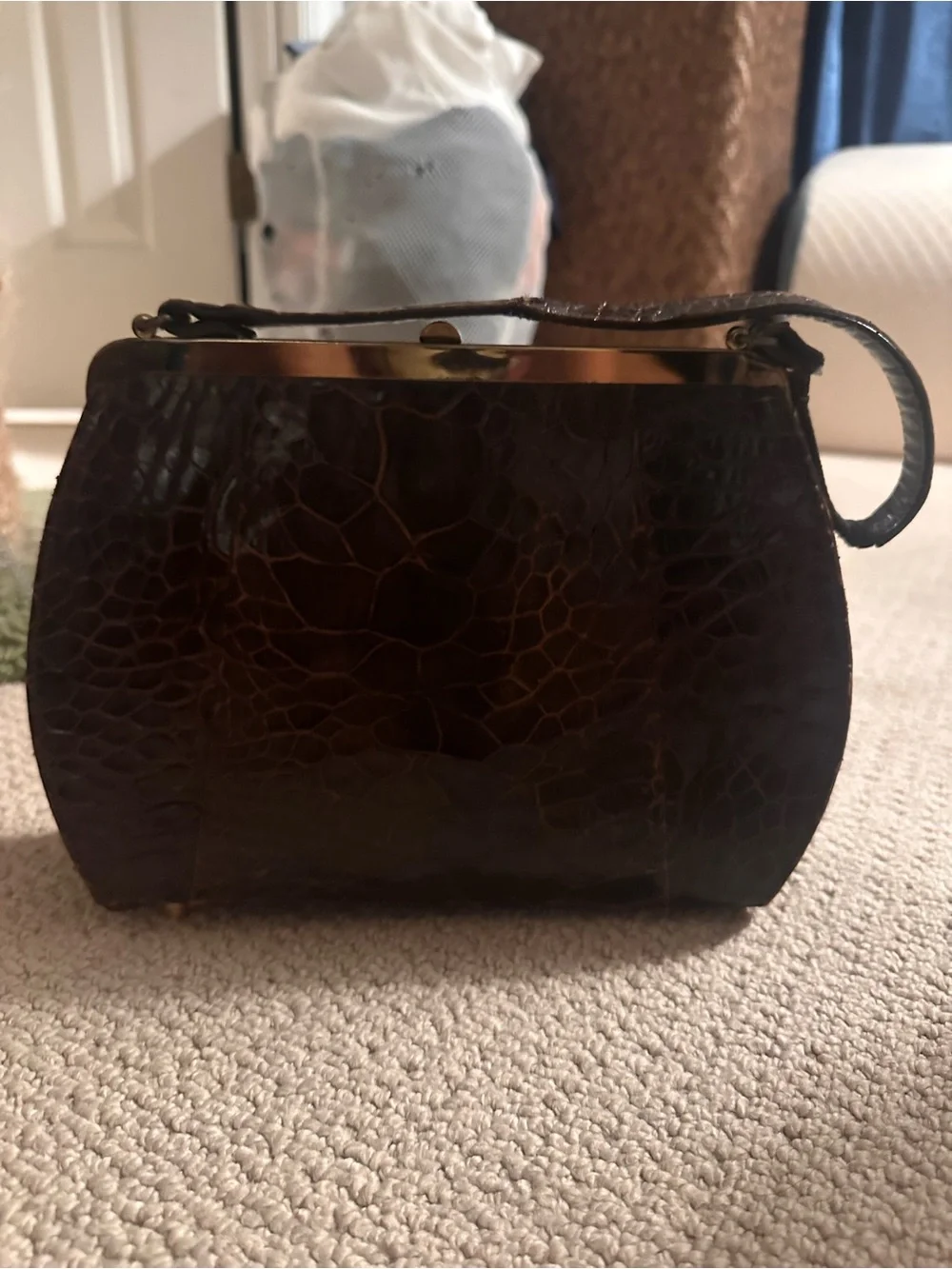 Brown Textured Turtle skin Leather Top-Handle Women's Bag - Picture 2 of 4